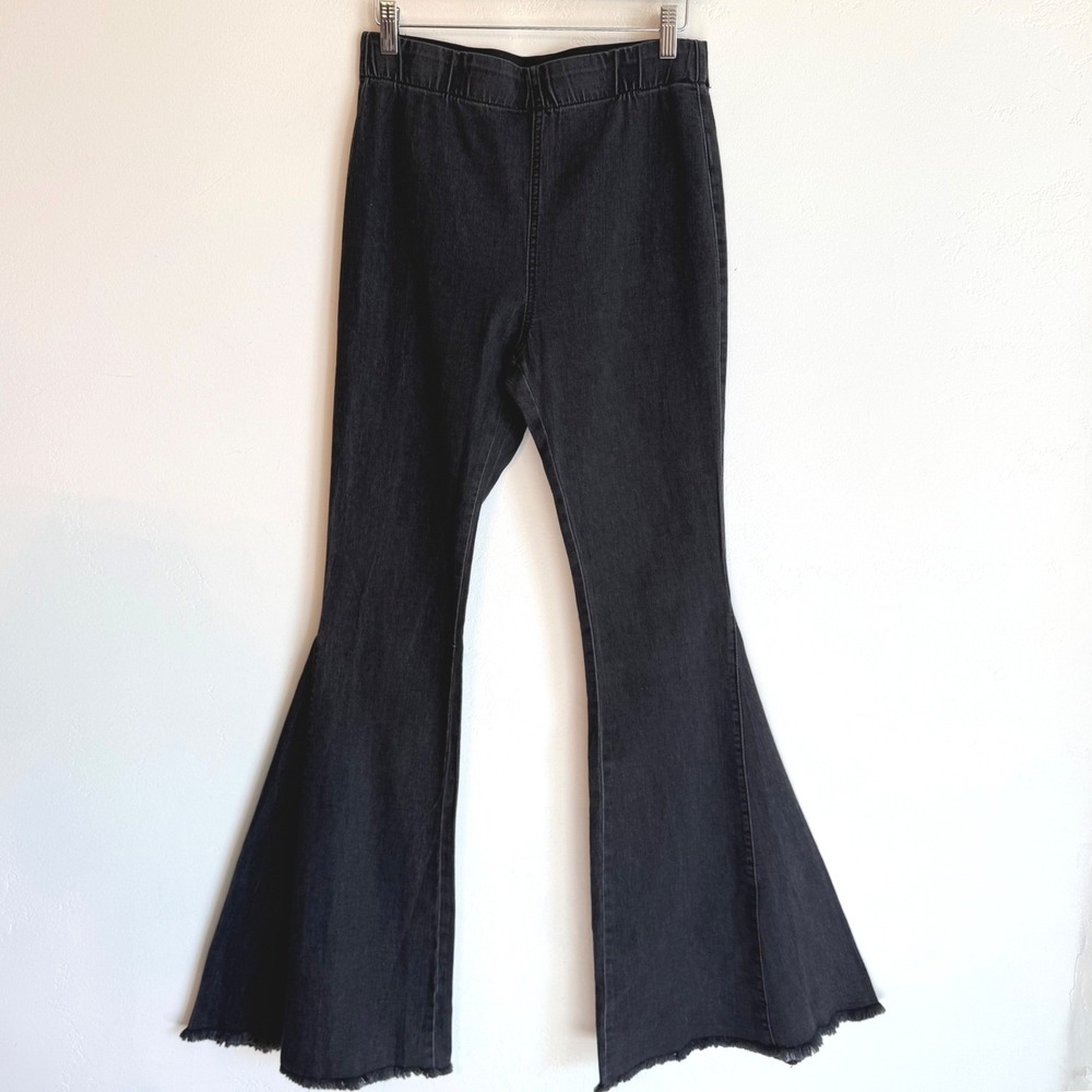Newbury Kustom Bell Bottom Jeans Black Flare Pull On Raw Hem Y2K 70s Long M